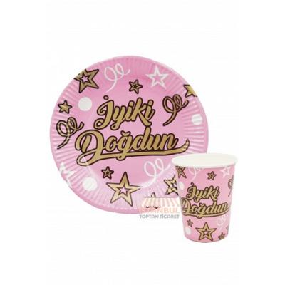 İyi Ki Doğdun Karton Tabak Bardak 8 Adet Pembe